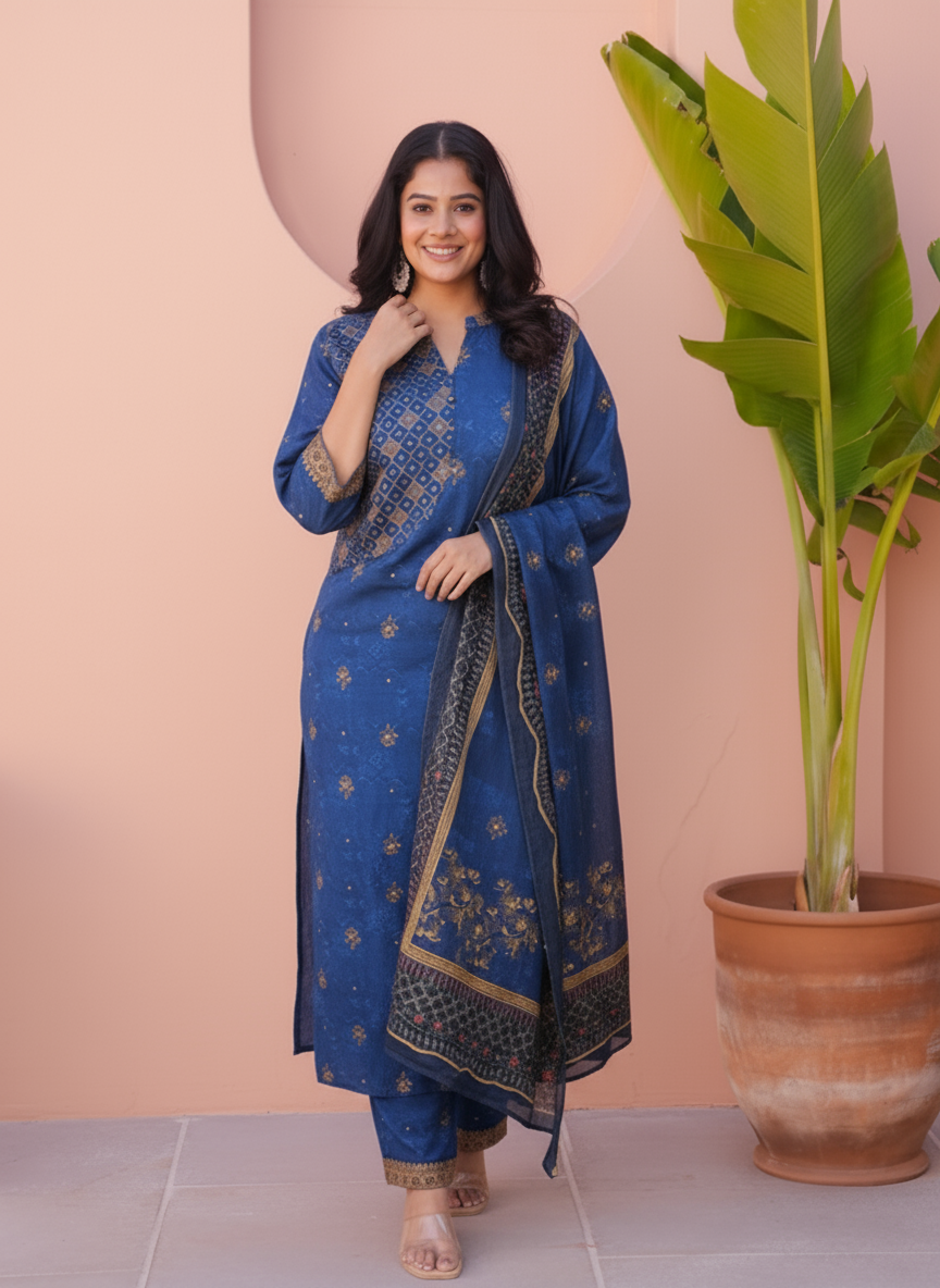 Viscose Floral Straight Blue Kurta