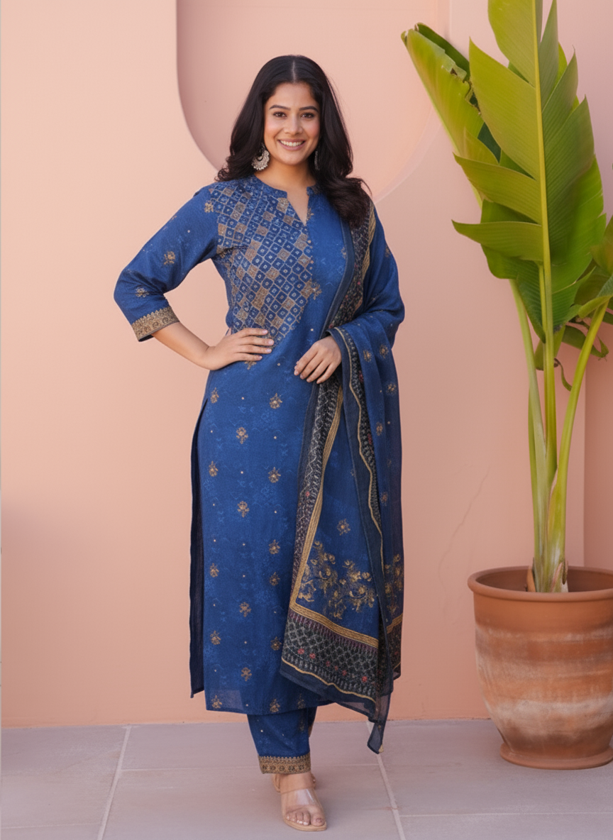 Viscose Floral Straight Blue Kurta