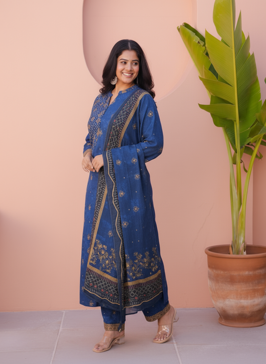 Viscose Floral Straight Blue Kurta