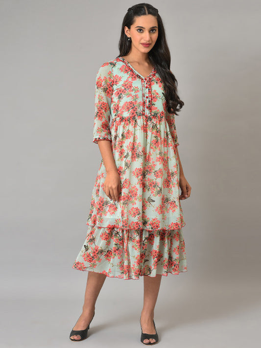 AURELIA Floral Printed Layered Midi Fit & Flare Dress