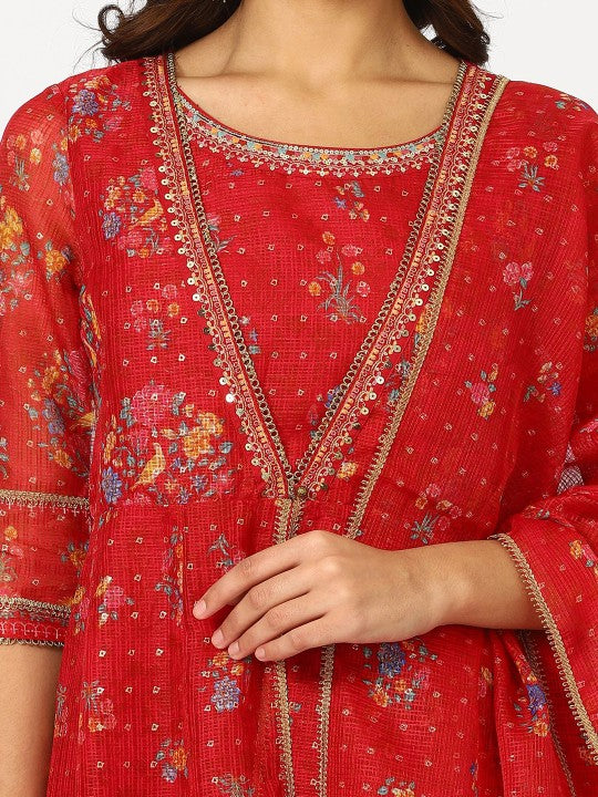 W Red Floral Printed Round Neck Thread Work Kurta With Trouser With Dupatta