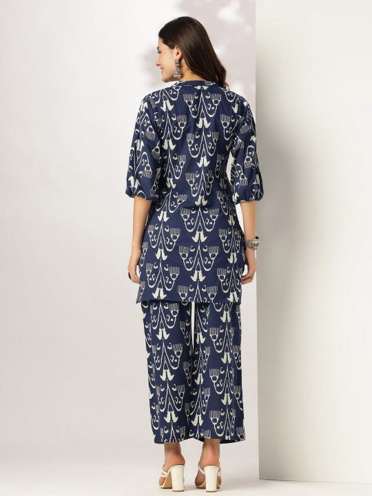 Printed Pure Cotton Mandarin Collar Neck Top With Trousers Co-Ords
