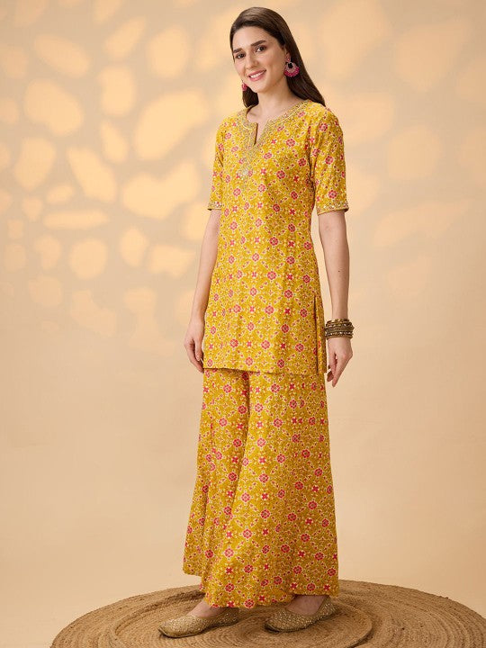 Globus Embroidered Round Neck Kurti & Palazzos Co-OrdsSet