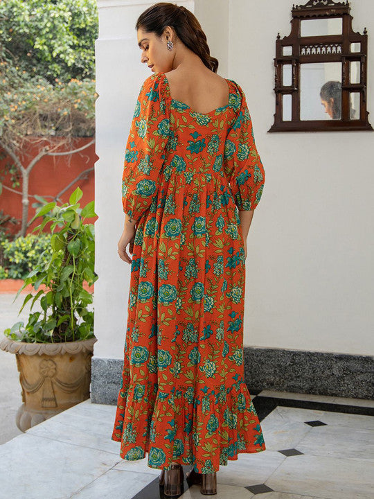 Floral Printed Pure Cotton Gathered Ethnic Dress