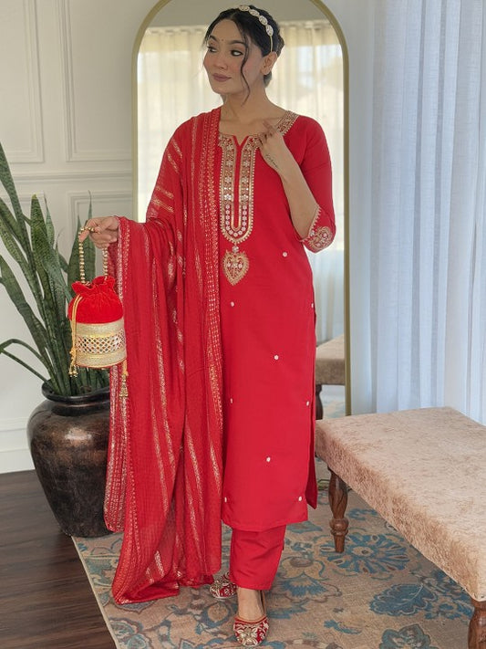 Yara Creation Women Embroidered Regular Kurta with Trousers With Dupatta