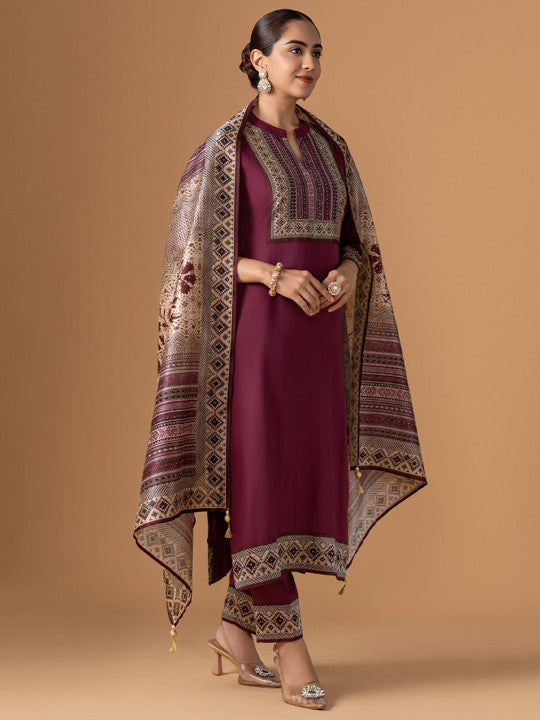 WOMEN PLUS Women Purple Rayon Suit Set With Dupatta