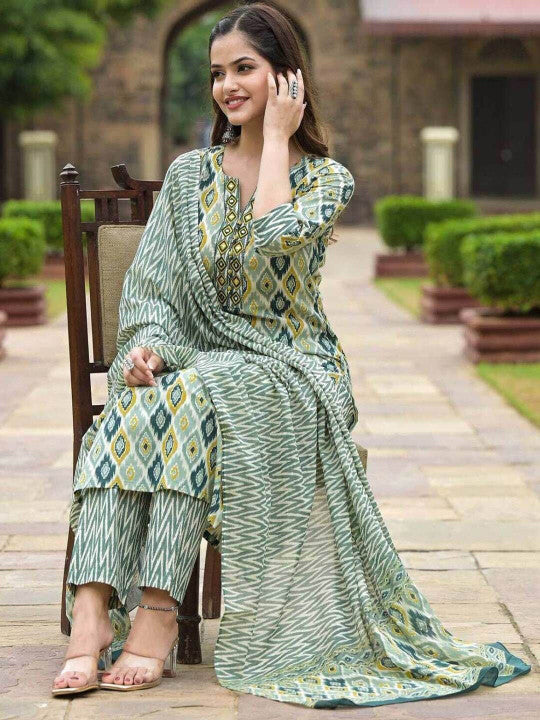 ASCIIBLUES Women Printed Regular Kurta with Trousers & With Dupatta