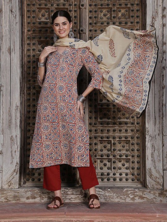 Taavi Ethnic Motifs Printed Bagru Straight Kurta with Trouser & Dupatta