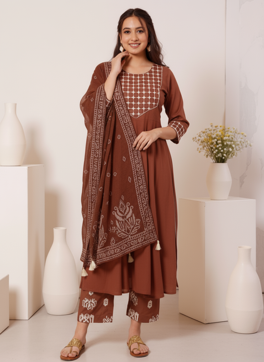Embroidered Soft Cotton Solid Anarkali Rust Kurta
