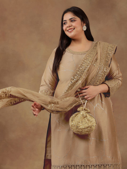 INDDUS PLUS Size Abstract Printed & Embroidered Kurta With Trousers & Dupatta