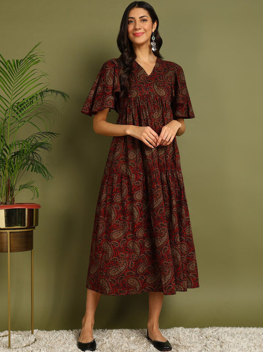 ZNX Clothing Women Flared Sleeve Maternity A-Line Midi Ethnic Dresses