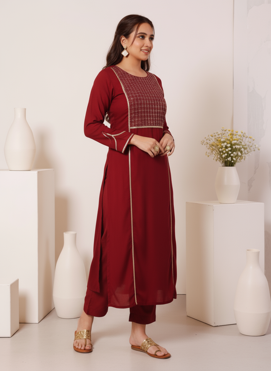 Embroidered Cotton SIlk A-line Kurta