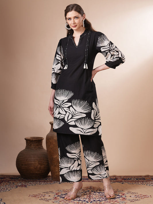 Women Black Floral Co-ord (Set of 2)