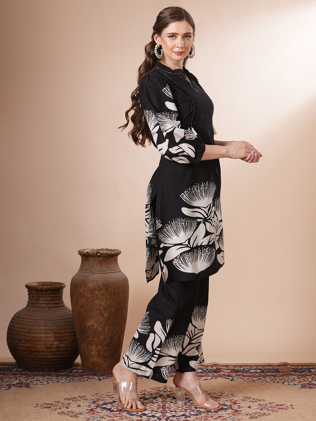 Women Black Floral Co-ord (Set of 2)