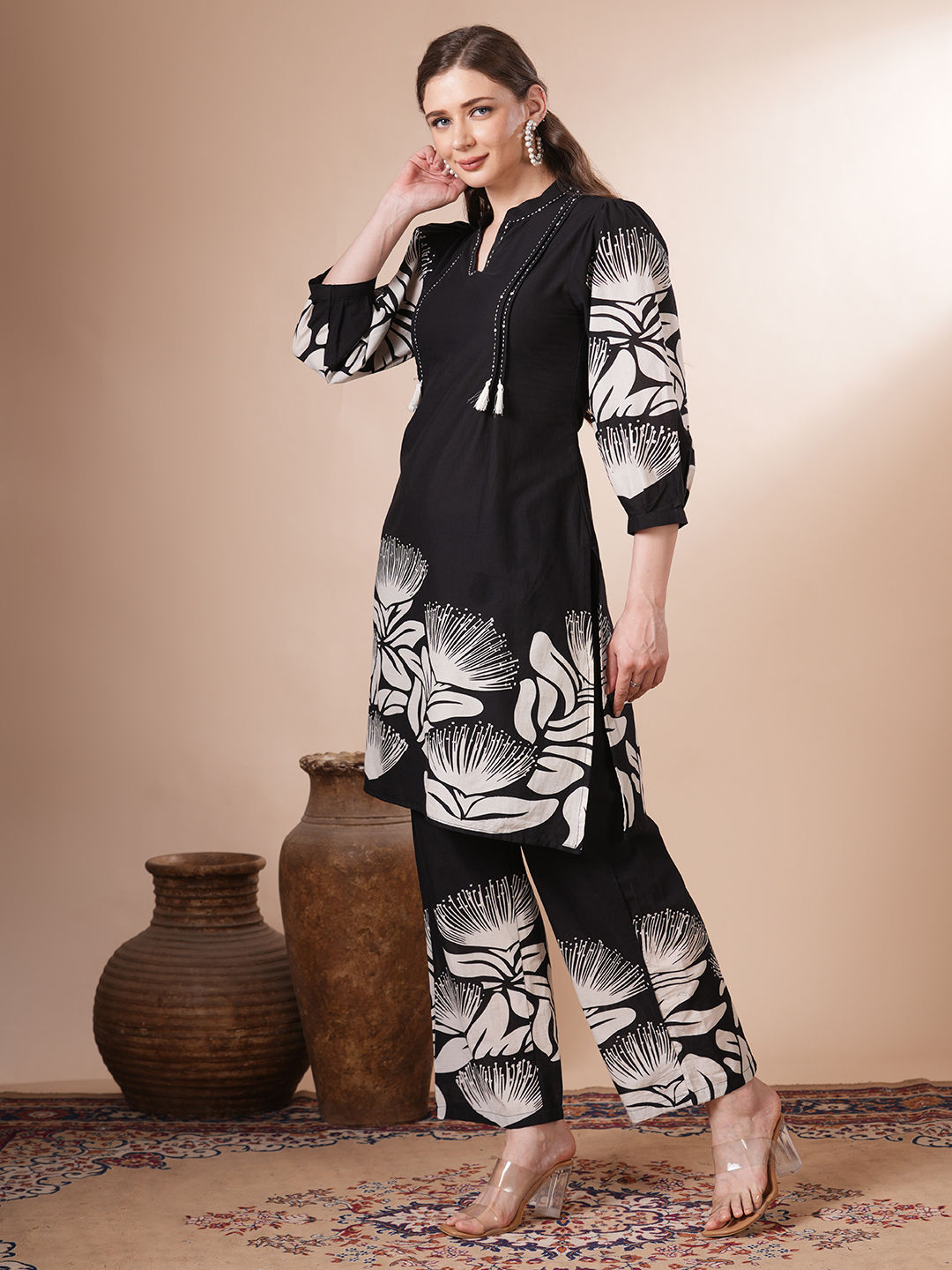 Women Black Floral Co-ord (Set of 2)