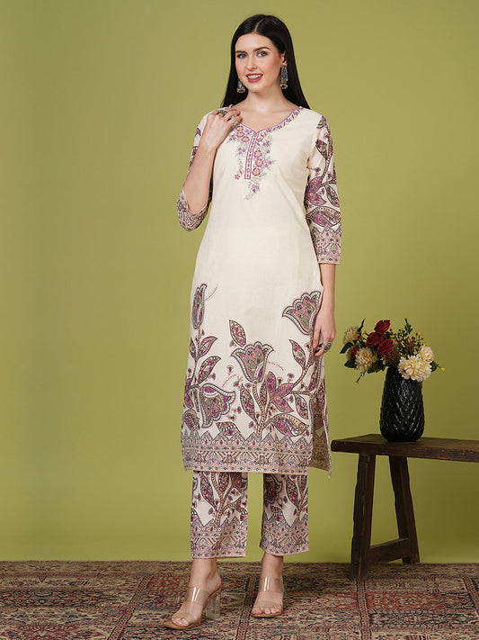Women Off White Floral Co-ord (Set of 2)