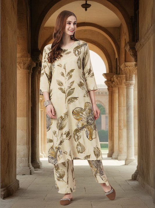 Women Cream Floral Co-ord (Set of 2)
