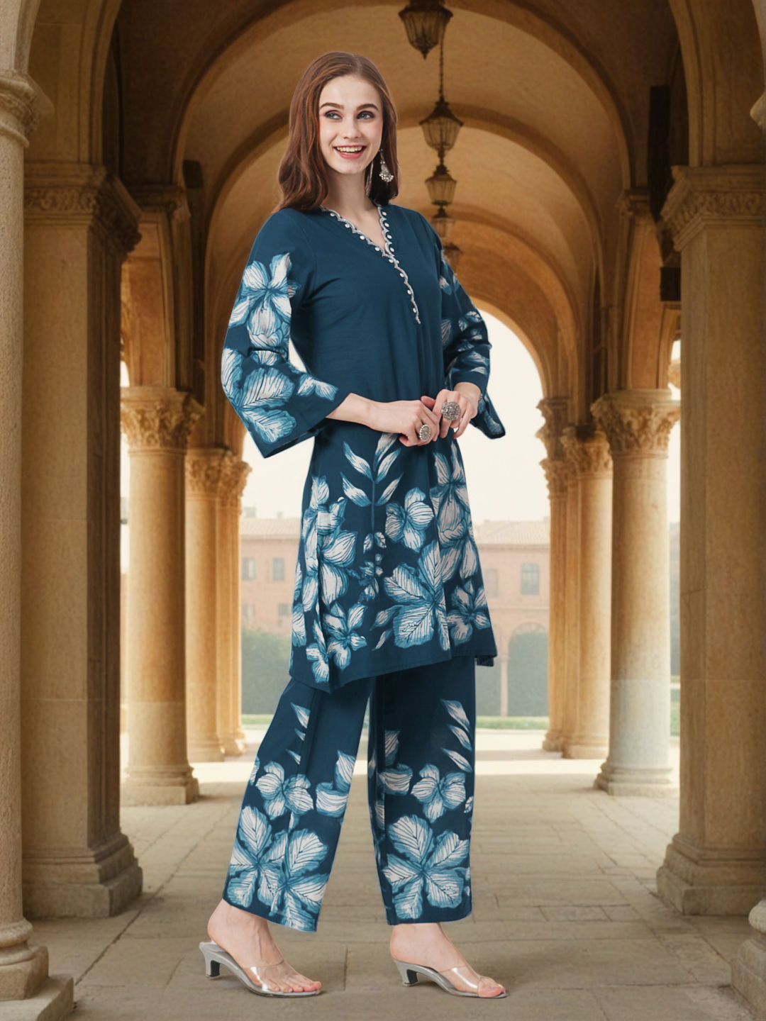 Women Teal Floral Co-ord (Set of 2)