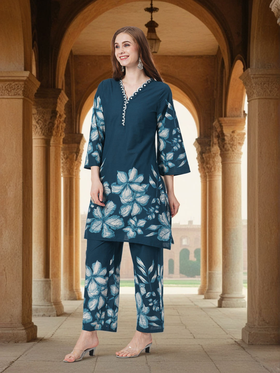 Women Teal Floral Co-ord (Set of 2)