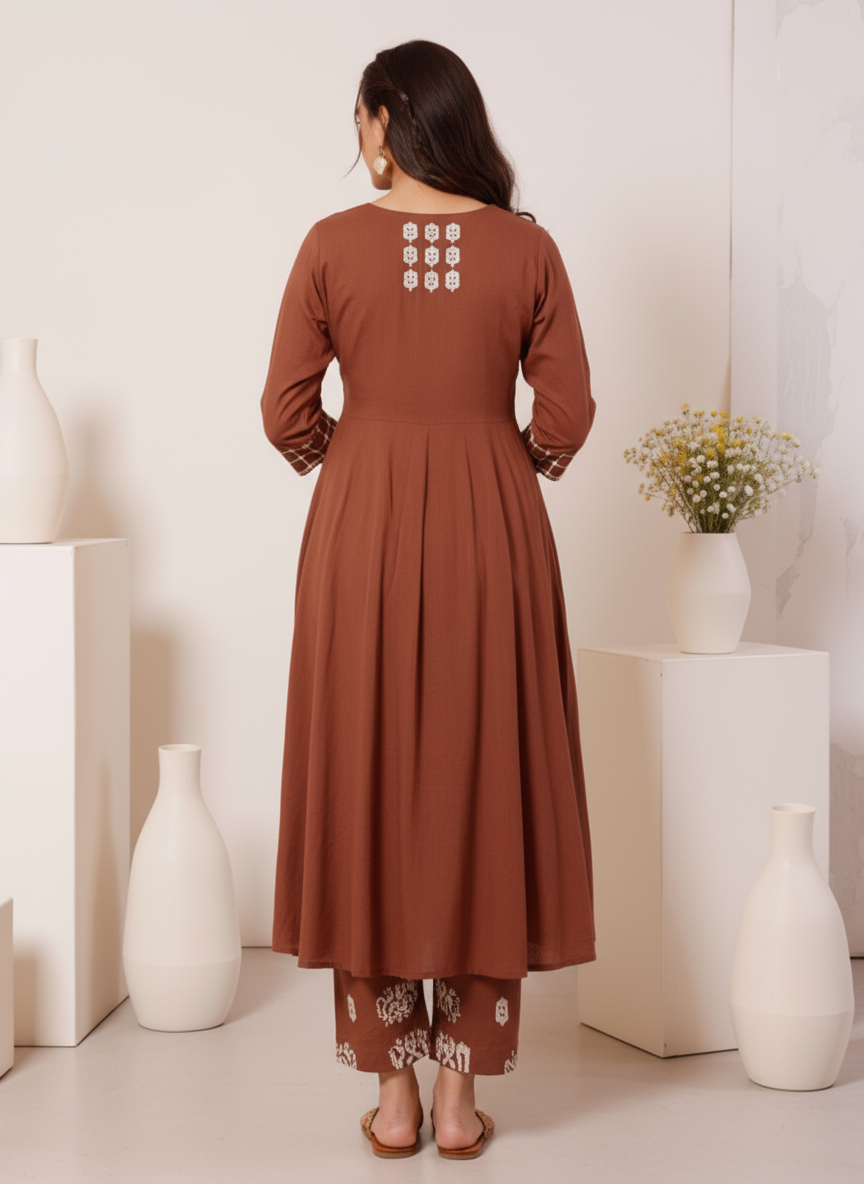 Embroidered Soft Cotton Solid Anarkali Rust Kurta