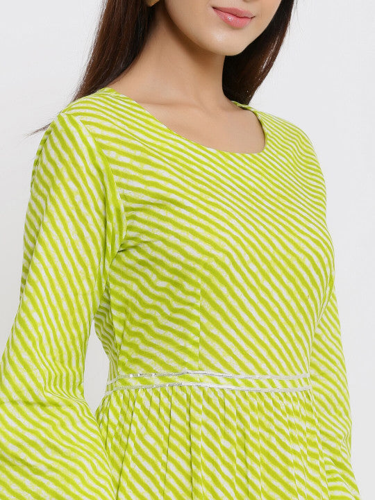 Indian Virasat Women Green Striped Ethnic Maxi Dress