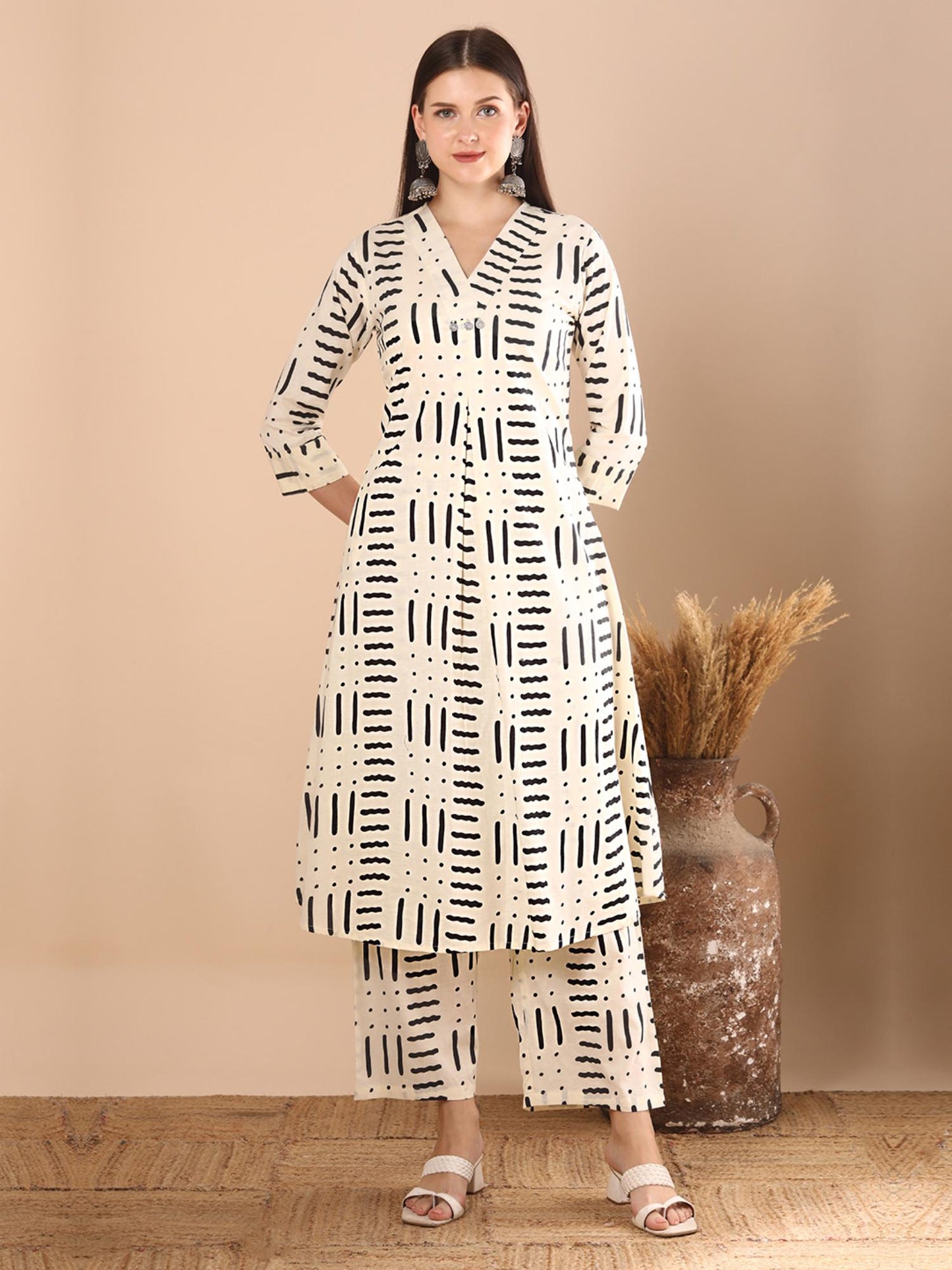 Abstract Geometric Printed A-Line Panelled Co-Ord - White (Set of 2)