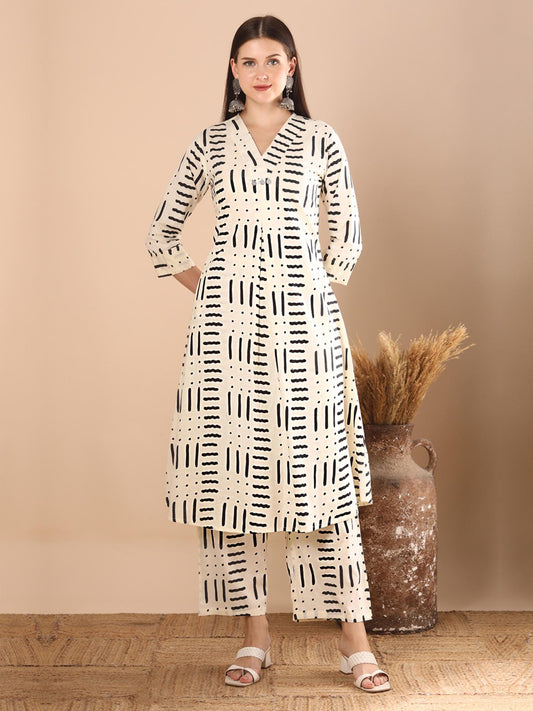 Abstract Geometric Printed A-Line Panelled Co-Ord - White (Set of 2)