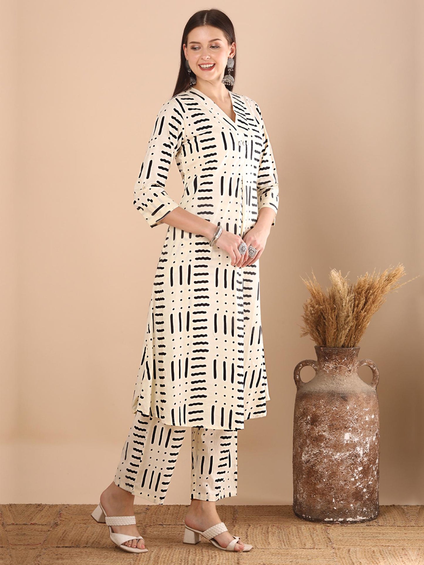 Abstract Geometric Printed A-Line Panelled Co-Ord - White (Set of 2)