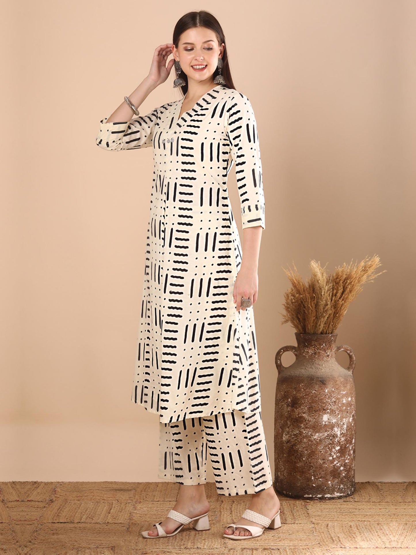 Abstract Geometric Printed A-Line Panelled Co-Ord - White (Set of 2)