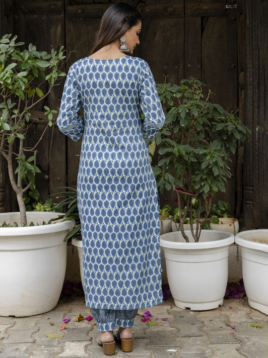 Printed Pure Cotton Straight Kurta With Salwar & Dupatta