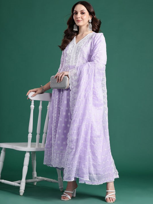 Indo Era Floral Embroidered Thread Work Pure Cotton Kurta With Trousers & Dupatta