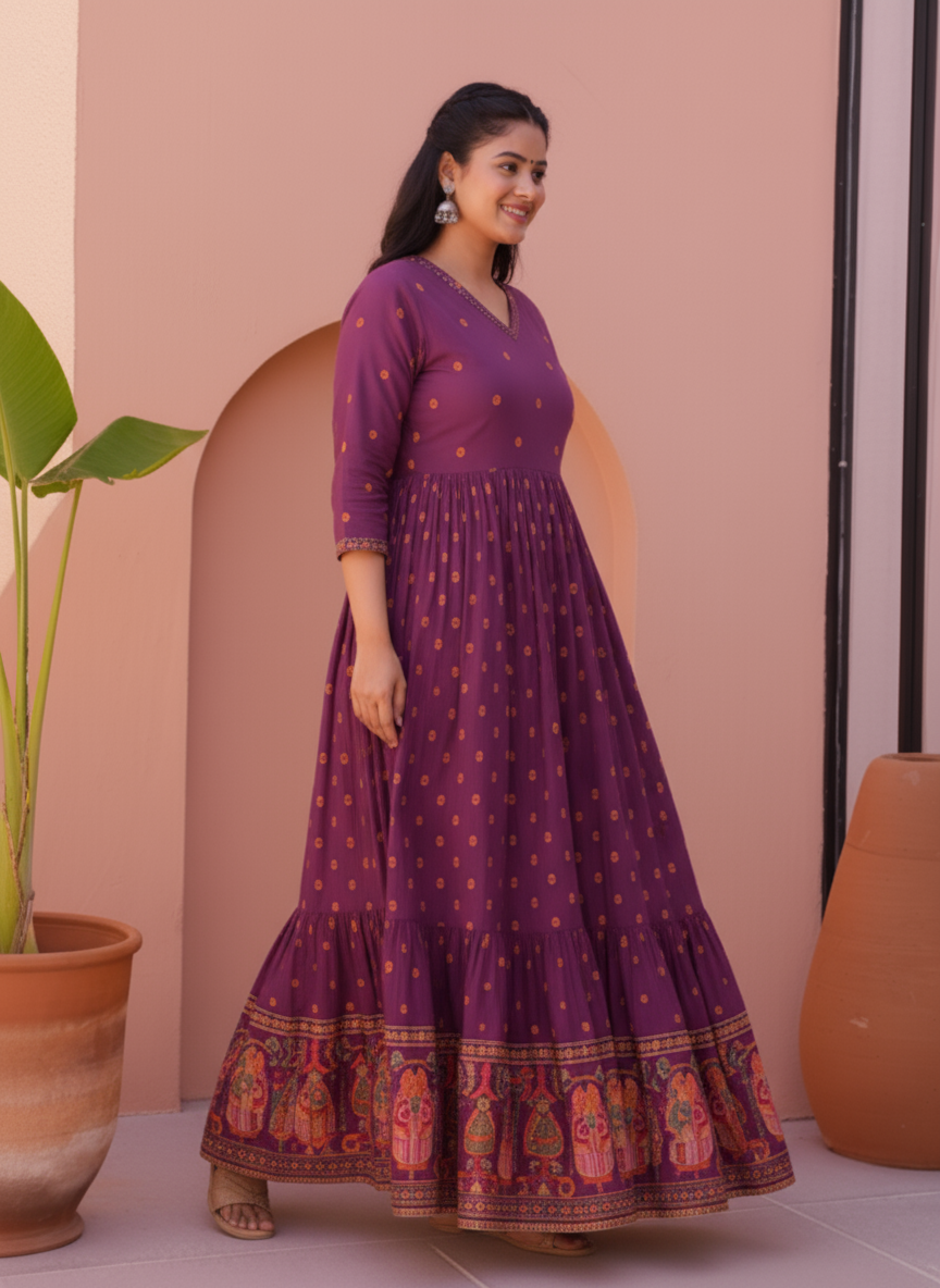 Soft Cotton Placement Print Anarkali Purple Dress