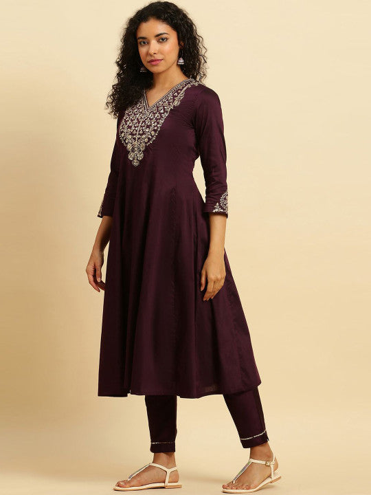 W Floral Embroidered Sequinned Anarkali Kurta & Trousers With Dupatta