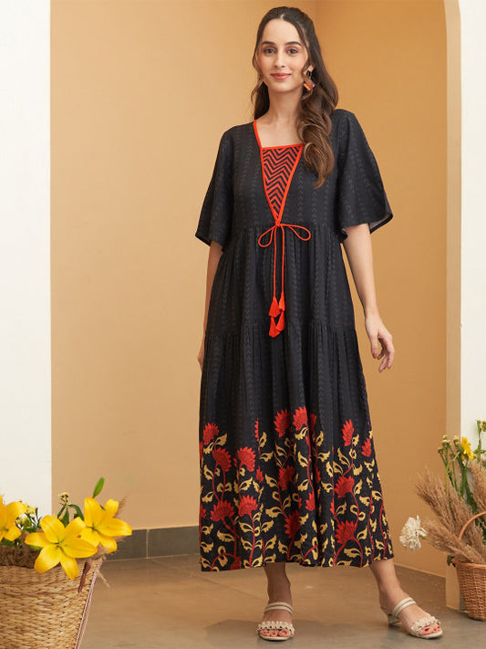 Floral Printed Square Neck Flared Sleeves Tiered Midi Ethnic Dress