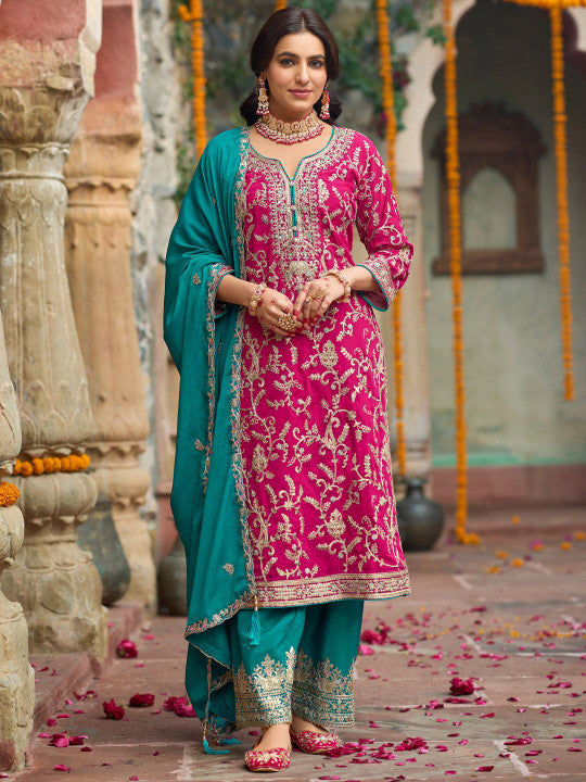 Indo Era Zari Ethnic Motifs Embroidered Notch Neck Straight Kurta With Trousers & Dupatta