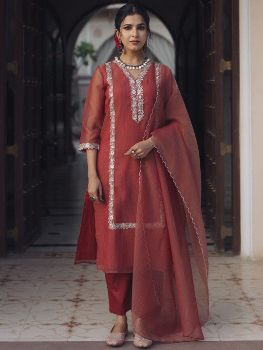 anayna Women Embroidered Panelled Kurta with Trousers & With Dupatta