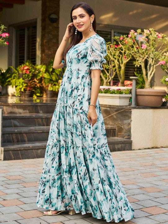 Chandbaali Floral Printed Sweetheart Neck Puff Sleeves Georgette Gown Ethnic Dress