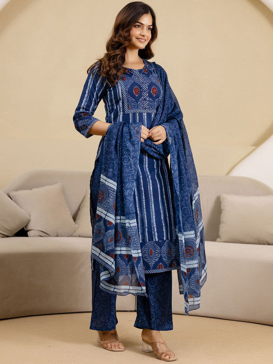 Trendmalls Ethnic Motifs Printed Regular Pure Cotton Kurta With Trousers & Dupatta