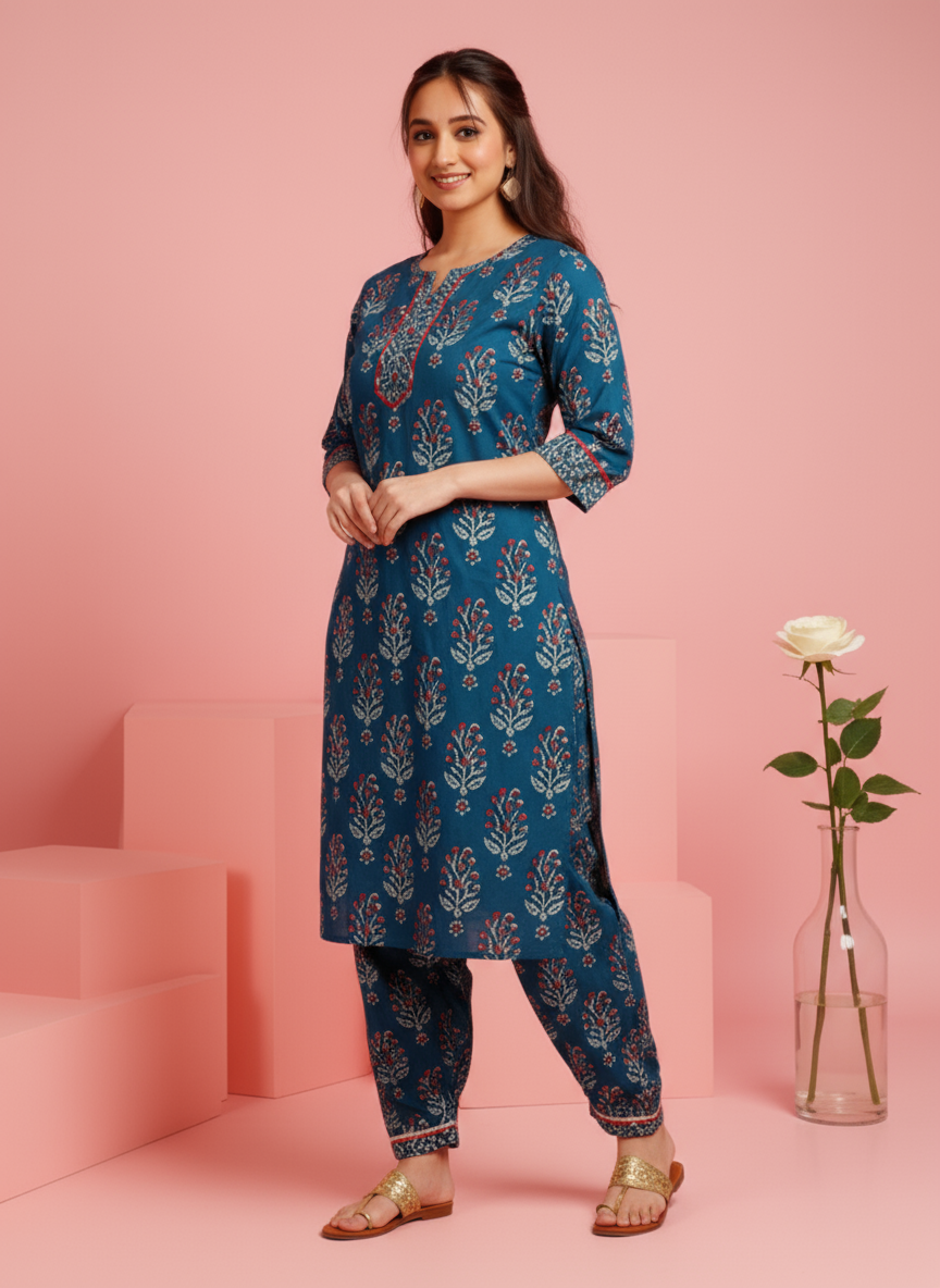 Soft Cotton Floral Straight Blue Kurta