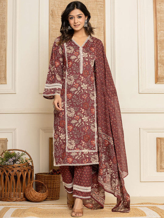 Yufta Floral Printed Thread Work Pure Cotton Straight Kurta With Trousers & Dupatta