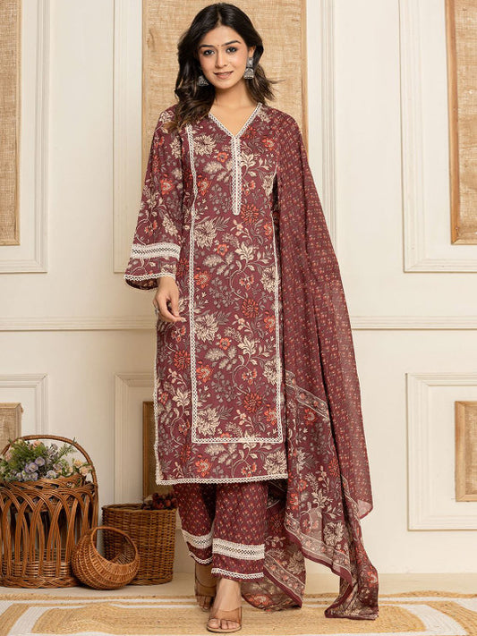 Yufta Floral Printed Thread Work Pure Cotton Straight Kurta With Trousers & Dupatta