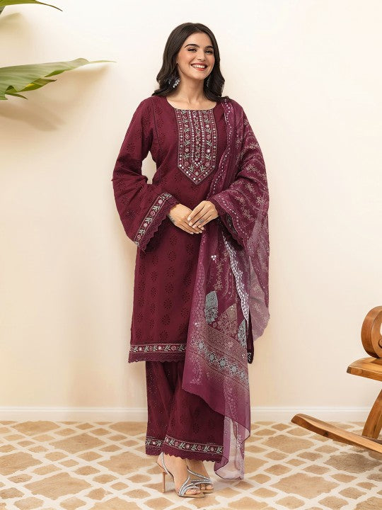 Ishin Ethnic Motifs Embroidered Pure Cotton Straight Kurta with Trousers & Dupatta