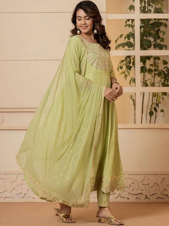 Varanga Mirror Embroidered Pure Cotton Schiffli Anarkali Kurta With Trousers And Dupatta