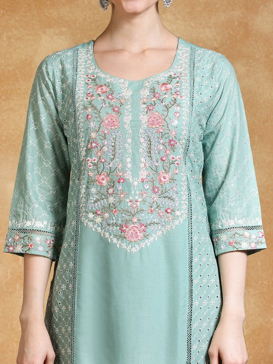 Varanga Floral Embroidered Thread Work Pure Cotton Straight Kurta With Trousers & Dupa