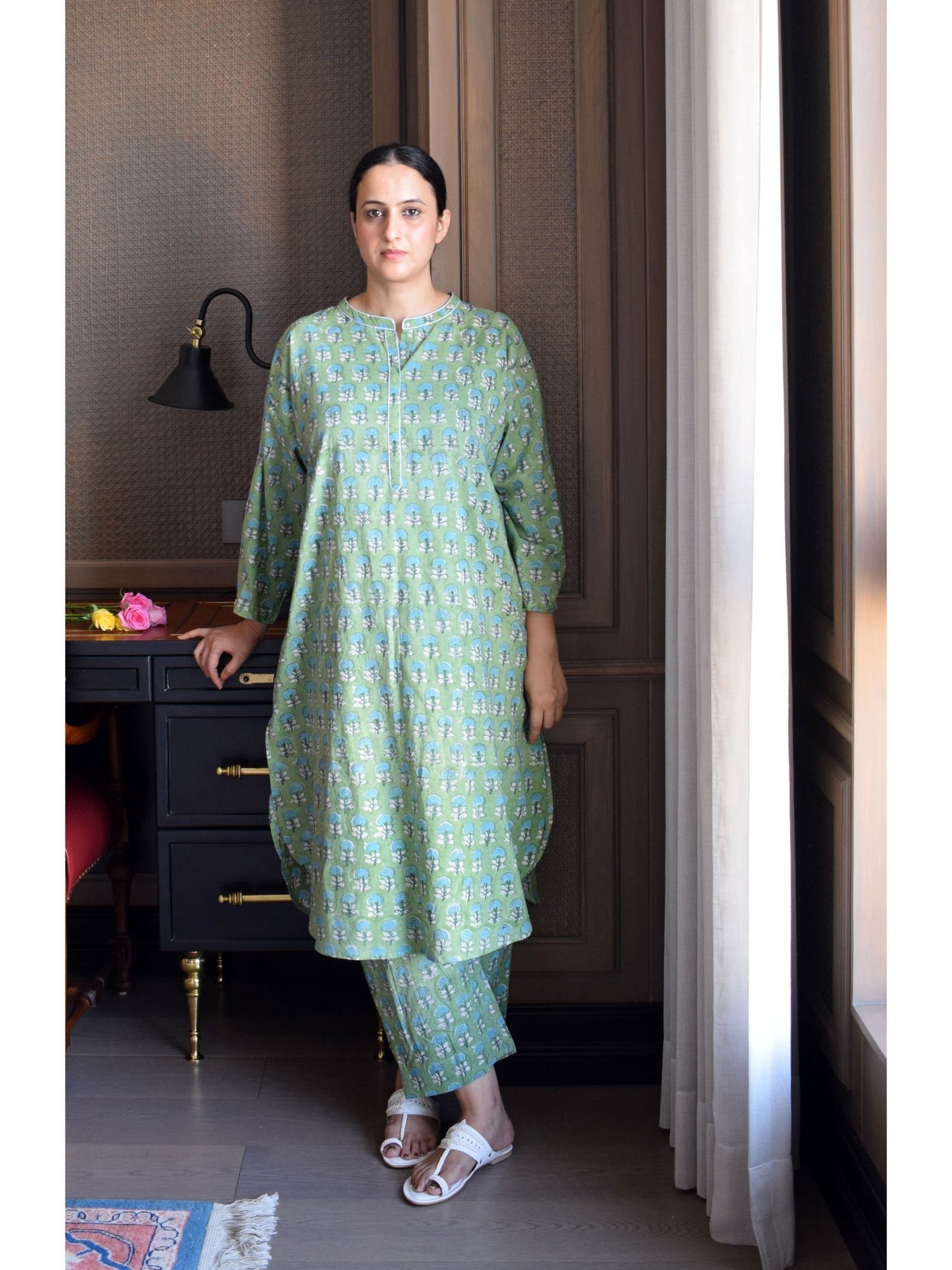 Green Hand Block Printed Anti Fit Co-Ord (Set of 2)