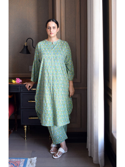 Green Hand Block Printed Anti Fit Co-Ord (Set of 2)
