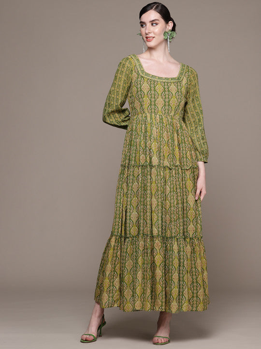 aarke Ritu Kumar Ethnic Motifs Print Puff Sleeves Tiered A-Line Maxi Dress
