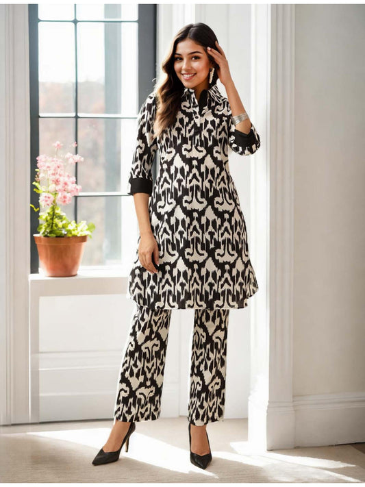 Cotton Ikat Printed Black and White Co-Ord (Set of 2)