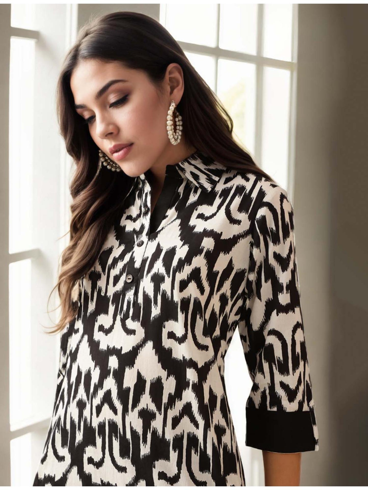 Cotton Ikat Printed Black and White Co-Ord (Set of 2)