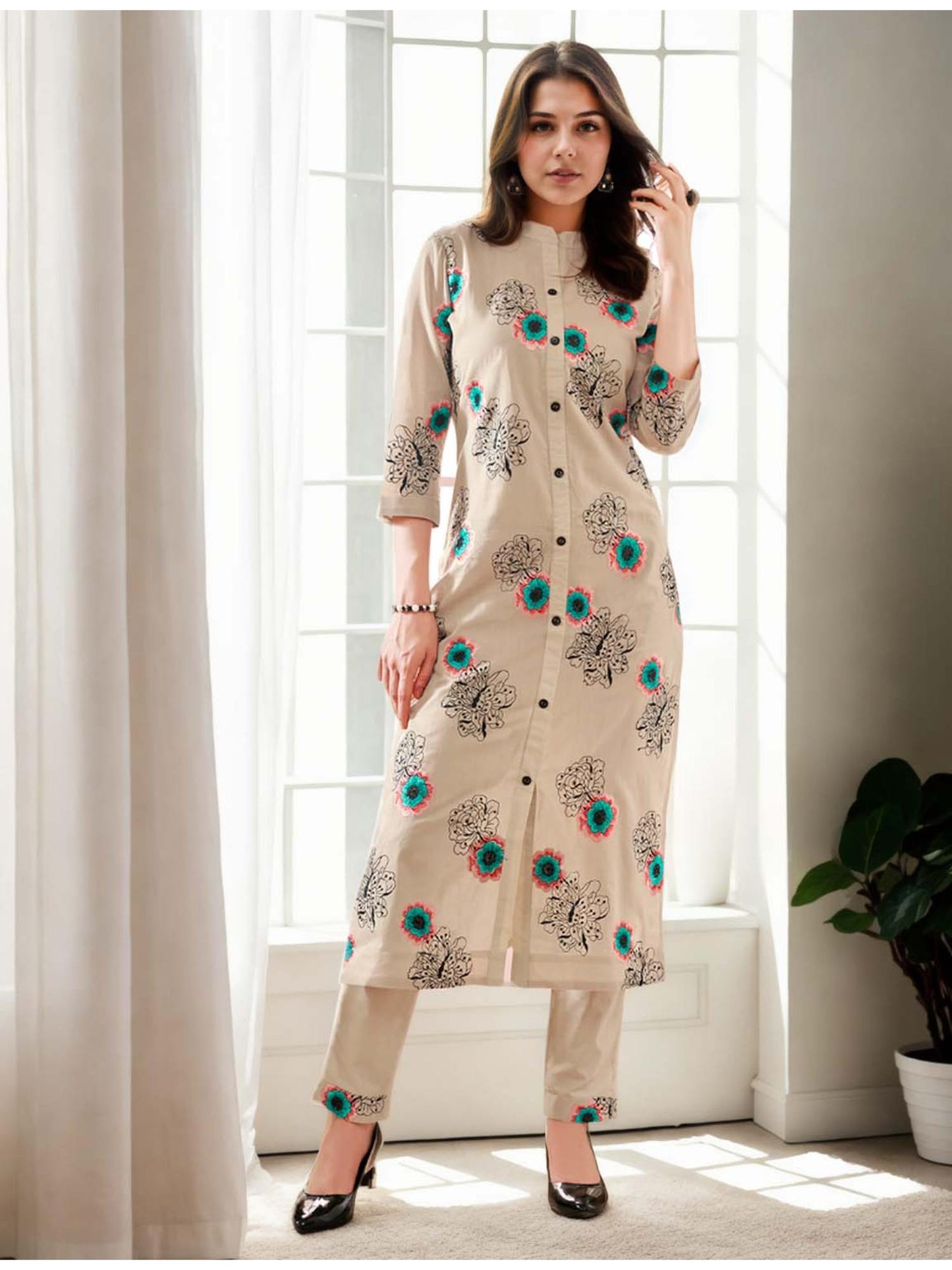 Cotton Floral Embroidered &amp; Sequinned Beige Co-Ord (Set of 2)